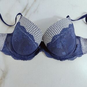 Laura Ashley Blue White Lace Push Up Bra, 36C
